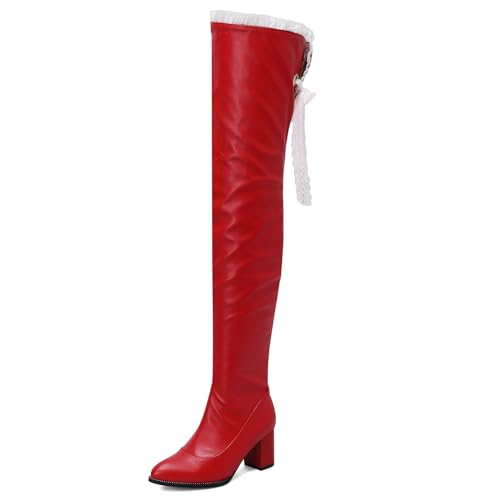 MJIASIAWA Damen Pointed Toe Thigh Lack Boots Winter Warm Blockabsatz Mode Overknees Party Overknees Stiefel Rot Gr 40.5 EU/42 Asiatisch von MJIASIAWA