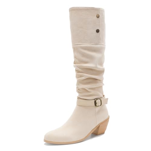 MJIASIAWA Damen Pointed Toe Wildleder Knee High Cowboystiefel Mode Equestrian Winter Warm Blockabsatz Slouchy Booty Schnalle Beige/Rl Gr 40.5 EU/42 Asiatisch von MJIASIAWA