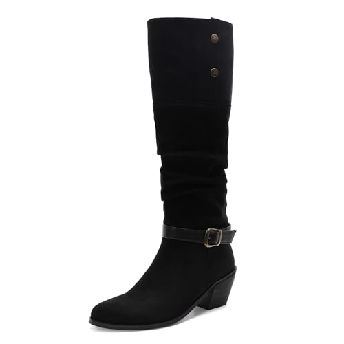 MJIASIAWA Damen Pointed Toe Wildleder Knee High Cowboystiefel Mode Equestrian Winter Warm Blockabsatz Slouchy Booty Schnalle Schwarz/Rl Gr 40 EU/41 Asiatisch von MJIASIAWA