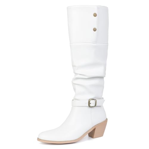 MJIASIAWA Damen Pointed Toe Wildleder Knee High Cowboystiefel Mode Equestrian Winter Warm Blockabsatz Slouchy Booty Schnalle Weiß/Rl Gr 40.5 EU/42 Asiatisch von MJIASIAWA