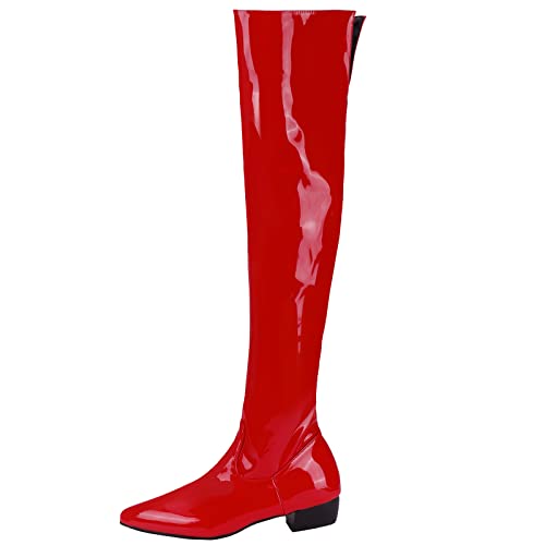 MJIASIAWA Damen Pointed Toe Winter Lack Overknees Mitte Absatz Lack Boots Reißverschluss Thigh Kleid Party Prom Warm Boots Rot Gr 40 EU/41 Asiatisch von MJIASIAWA