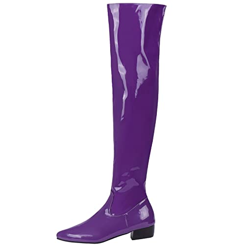 MJIASIAWA Damen Pointed Toe Winter Lack Overknees Mitte Absatz Lack Boots Reißverschluss Thigh Kleid Party Prom Warm Boots Violett Gr 38 EU/39 Asiatisch von MJIASIAWA