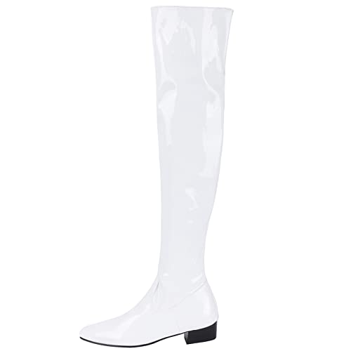MJIASIAWA Damen Pointed Toe Winter Lack Overknees Mitte Absatz Lack Boots Reißverschluss Thigh Kleid Party Prom Warm Boots Weiß Gr 38 EU/39 Asiatisch von MJIASIAWA