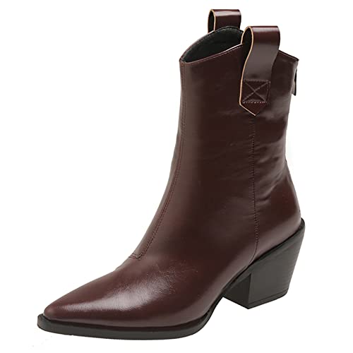 MJIASIAWA Damen Pointed Toe Winter Mode Chunky Kurz Cowboystiefel Blockabsatz Leisure Buro Arbeit Kleid Western Stiefeletten Braun/Rl Gr 43 EU/45 Asiatisch von MJIASIAWA