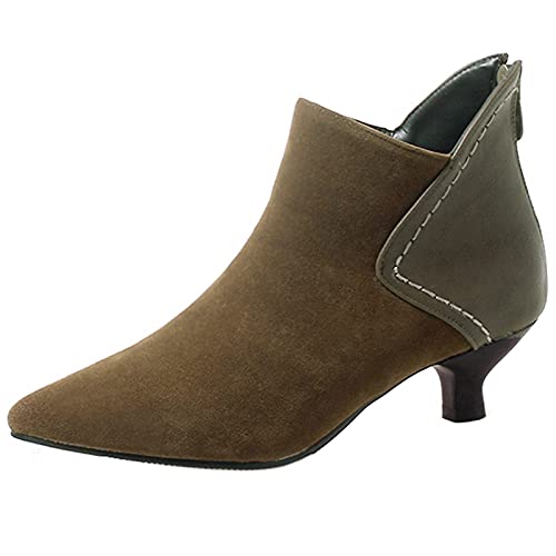 MJIASIAWA Damen Pointed Toe Winter Reißverschluss Kitten Heel Stiefeletten Buro Arbeit Comfy Mitte Absatz Warm Kleid Chelsea Stiefel Khaki Gr 42 EU/44 Asiatisch von MJIASIAWA