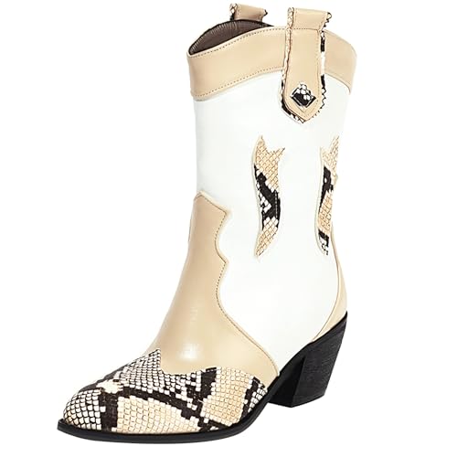 MJIASIAWA Damen Pointed Toe Winter Western Cowboy Half Stiefeletten Draußen Komfort Blockabsatz Snakeskin Stiefel Mode Aprikose Gr 38 EU/39 Asiatisch von MJIASIAWA