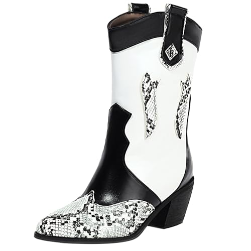 MJIASIAWA Damen Pointed Toe Winter Western Cowboy Half Stiefeletten Draußen Komfort Blockabsatz Snakeskin Stiefel Mode Schwarz Gr 36 EU von MJIASIAWA