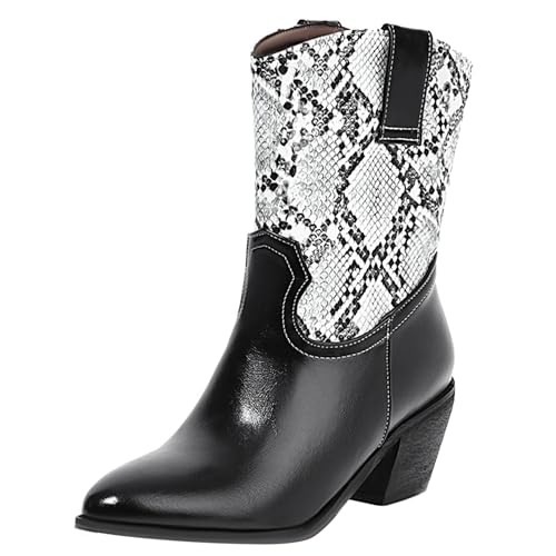 MJIASIAWA Damen Pointed Toe Winter Western Cowboy Half Stiefeletten Draußen Komfort Blockabsatz Snakeskin Stiefel Mode Schwarz Gr 40.5 EU/42 Asiatisch von MJIASIAWA