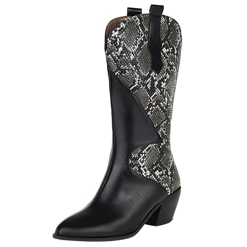 MJIASIAWA Damen Pointed Toe Winter Western Cowboy Half Stiefeletten Draußen Komfort Blockabsatz Snakeskin Stiefel Mode Schwarz Gr 41 EU/43 Asiatisch von MJIASIAWA