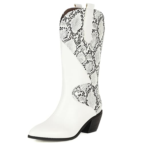 MJIASIAWA Damen Pointed Toe Winter Western Cowboy Half Stiefeletten Draußen Komfort Blockabsatz Snakeskin Stiefel Mode Weiß Gr 40 EU/41 Asiatisch von MJIASIAWA