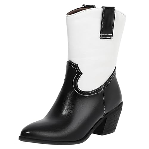 MJIASIAWA Damen Pointed Toe Winter Western Cowboy Half Stiefeletten Draußen Komfort Blockabsatz Snakeskin Stiefel Mode Weiß Gr 43 EU/45 Asiatisch von MJIASIAWA