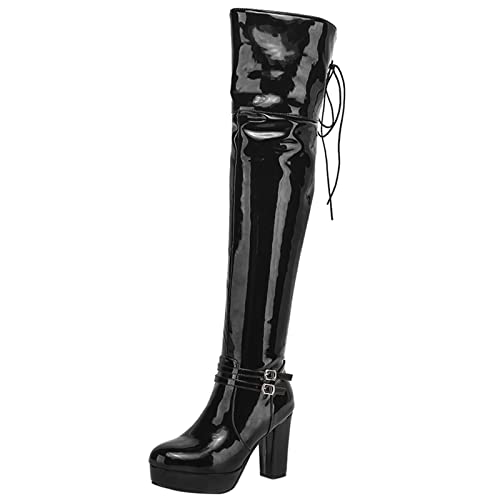 MJIASIAWA Damen Prom Chunky Heel Thigh Lack Warm Plateau Boots Prom Party Runde Zehen Kleid Reißverschluss Reitstiefel Schwarz Gr 39 EU/40 Asiatisch von MJIASIAWA