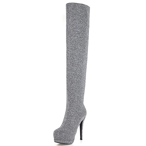 MJIASIAWA Damen Prom Overknees Warm Stiletto Plateau Stretch Stiefel Mens Oberschenkel Winter Party Oberschenkelhohe Stiefel Grau Gr 38 EU/39 Asiatisch von MJIASIAWA