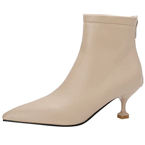 MJIASIAWA Damen Reißverschluss Chelsea Pointed Toe Buro Warm Kitten Heel Stiefeletten Comfy Prom Kleid Buro Mitte Absatz Winterstiefel Beige Gr 44 EU/46 Asiatisch von MJIASIAWA