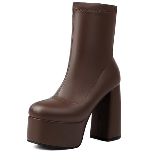 MJIASIAWA Damen Runde Zehen Abend Hochzeit Halbschaft Stretch Stiefel Chunky Höhe Ferse Plateau Winter Party Mode Chelsea Stiefeletten Braun Gr 34 Eu von MJIASIAWA