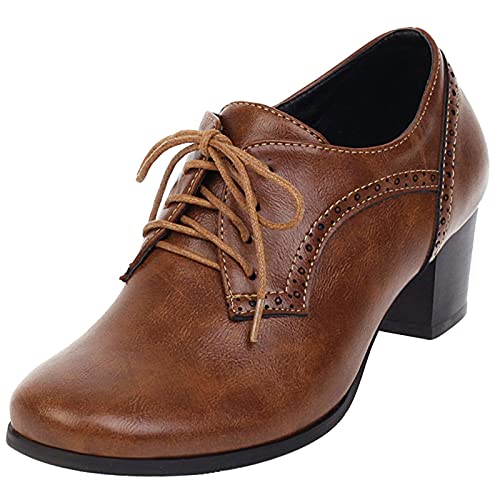 MJIASIAWA Damen Runde Zehen Buro Arbeit Leisure Blockabsatz Schnüren Brogue Pumps Klassischer Mitte Absatz Comfy Oxford Retro Schuhe Braun Gr 38 EU/39 Asiatisch von MJIASIAWA