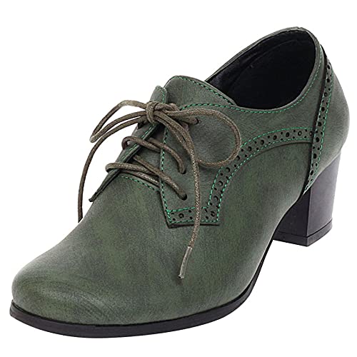 MJIASIAWA Damen Runde Zehen Buro Arbeit Leisure Blockabsatz Schnüren Brogue Pumps Klassischer Mitte Absatz Comfy Oxford Retro Schuhe Grün Gr 39 EU/40 Asiatisch von MJIASIAWA