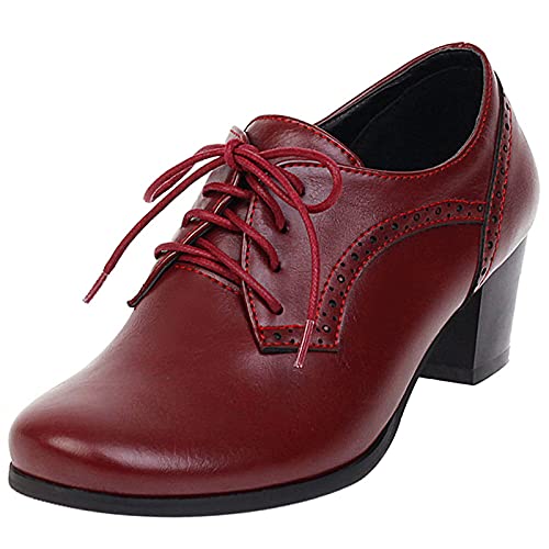 MJIASIAWA Damen Runde Zehen Buro Arbeit Leisure Blockabsatz Schnüren Brogue Pumps Klassischer Mitte Absatz Comfy Oxford Retro Schuhe Rotwein Gr 40.5 EU/42 Asiatisch von MJIASIAWA