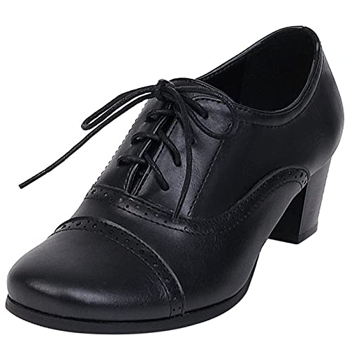 MJIASIAWA Damen Runde Zehen Buro Arbeit Leisure Blockabsatz Schnüren Brogue Pumps Klassischer Mitte Absatz Comfy Oxford Retro Schuhe Schwarz Gr 39 EU/40 Asiatisch von MJIASIAWA
