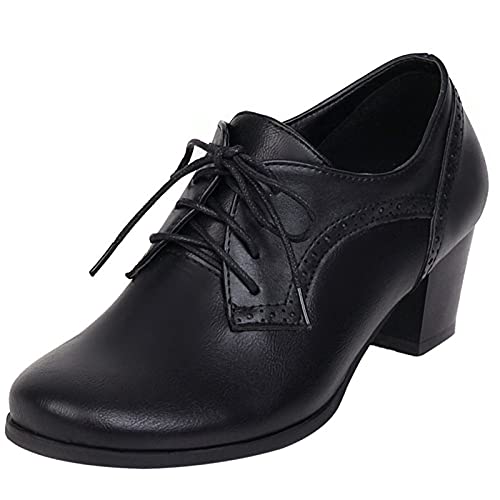 MJIASIAWA Damen Runde Zehen Buro Arbeit Leisure Blockabsatz Schnüren Brogue Pumps Klassischer Mitte Absatz Comfy Oxford Retro Schuhe Schwarz Gr 41 EU/43 Asiatisch von MJIASIAWA