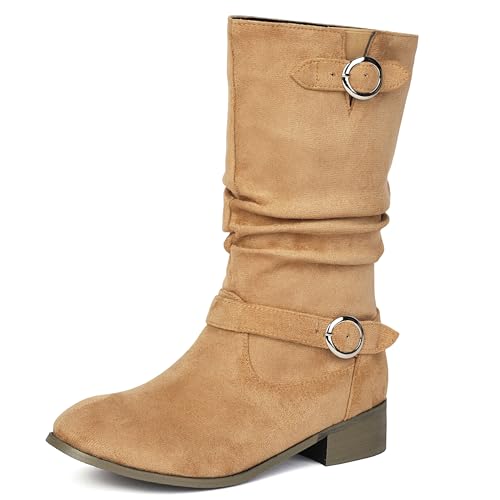 MJIASIAWA Damen Runde Zehen Chelsea Halbschaft Komfort Lockere Stiefel Ohne Verschluss Equestrian Winter Klassische Stiefeletten Schnalle Beige Gr 40 EU/41 Asiatisch von MJIASIAWA