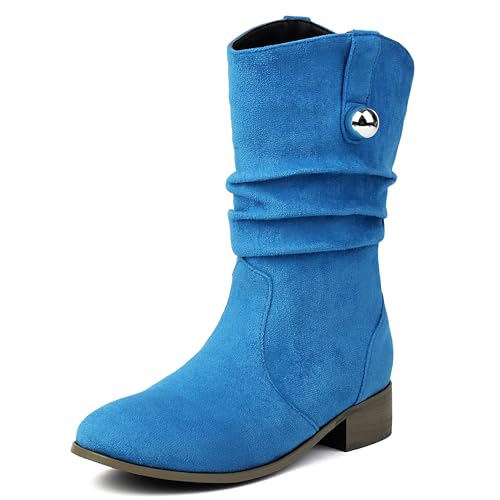 MJIASIAWA Damen Runde Zehen Chelsea Halbschaft Komfort Lockere Stiefel Ohne Verschluss Equestrian Winter Klassische Stiefeletten Schnalle Blau Gr 38 EU/39 Asiatisch von MJIASIAWA