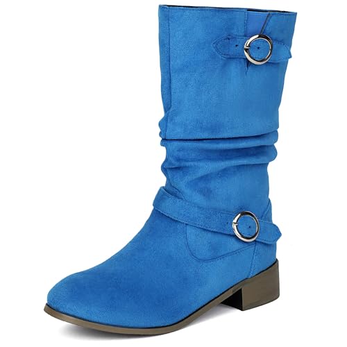 MJIASIAWA Damen Runde Zehen Chelsea Halbschaft Komfort Lockere Stiefel Ohne Verschluss Equestrian Winter Klassische Stiefeletten Schnalle Blau Gr 41 EU/43 Asiatisch von MJIASIAWA