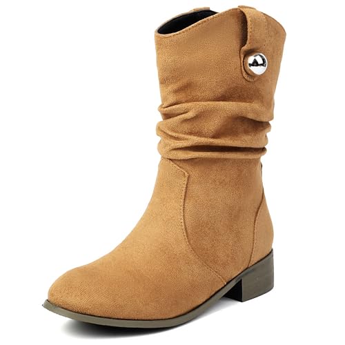 MJIASIAWA Damen Runde Zehen Chelsea Halbschaft Komfort Lockere Stiefel Ohne Verschluss Equestrian Winter Klassische Stiefeletten Schnalle Braun Gr 40.5 EU/42 Asiatisch von MJIASIAWA