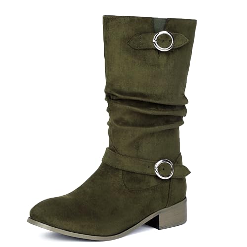 MJIASIAWA Damen Runde Zehen Chelsea Halbschaft Komfort Lockere Stiefel Ohne Verschluss Equestrian Winter Klassische Stiefeletten Schnalle Grün Gr 38 EU/39 Asiatisch von MJIASIAWA