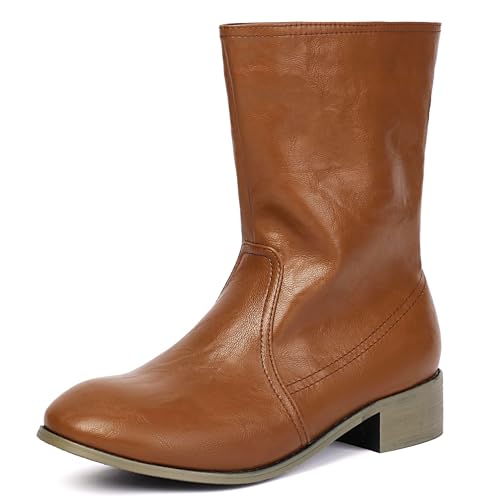 MJIASIAWA Damen Runde Zehen Chelsea Halbschaft Komfort Lockere Stiefel Ohne Verschluss Equestrian Winter Klassische Stiefeletten Schnalle Light-Braun Gr 34 EU von MJIASIAWA