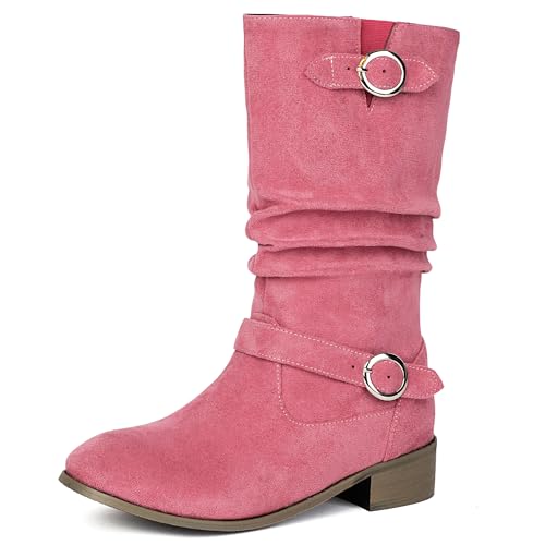 MJIASIAWA Damen Runde Zehen Chelsea Halbschaft Komfort Lockere Stiefel Ohne Verschluss Equestrian Winter Klassische Stiefeletten Schnalle Pink Gr 35 EU von MJIASIAWA
