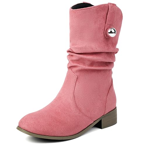 MJIASIAWA Damen Runde Zehen Chelsea Halbschaft Komfort Lockere Stiefel Ohne Verschluss Equestrian Winter Klassische Stiefeletten Schnalle Pink Gr 38 EU/39 Asiatisch von MJIASIAWA