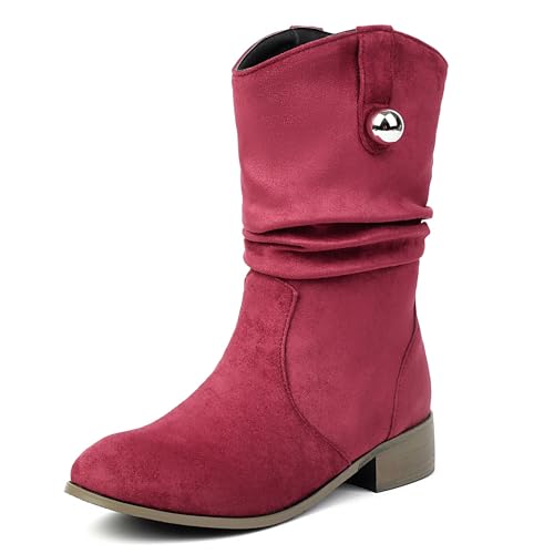 MJIASIAWA Damen Runde Zehen Chelsea Halbschaft Komfort Lockere Stiefel Ohne Verschluss Equestrian Winter Klassische Stiefeletten Schnalle Rotwein Gr 42 EU/44 Asiatisch von MJIASIAWA