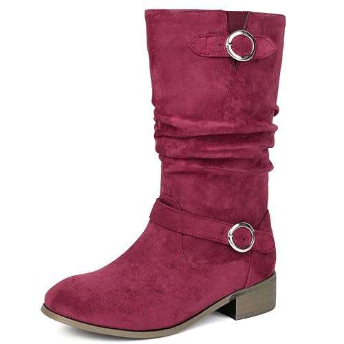 MJIASIAWA Damen Runde Zehen Chelsea Halbschaft Komfort Lockere Stiefel Ohne Verschluss Equestrian Winter Klassische Stiefeletten Schnalle Rotwein Gr 42 EU/44 Asiatisch von MJIASIAWA