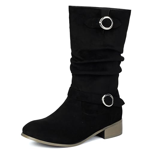 MJIASIAWA Damen Runde Zehen Chelsea Halbschaft Komfort Lockere Stiefel Ohne Verschluss Equestrian Winter Klassische Stiefeletten Schnalle Schwarz Gr 38 EU/39 Asiatisch von MJIASIAWA