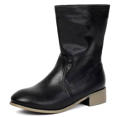 MJIASIAWA Damen Runde Zehen Chelsea Halbschaft Komfort Lockere Stiefel Ohne Verschluss Equestrian Winter Klassische Stiefeletten Schnalle Schwarz Gr 42 EU/44 Asiatisch von MJIASIAWA
