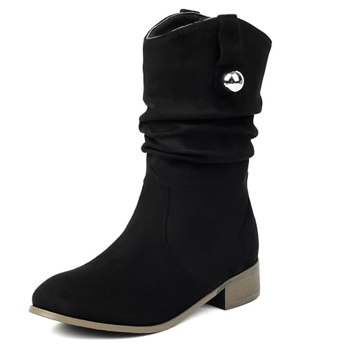 MJIASIAWA Damen Runde Zehen Chelsea Halbschaft Komfort Lockere Stiefel Ohne Verschluss Equestrian Winter Klassische Stiefeletten Schnalle Schwarz Gr 44 EU/46 Asiatisch von MJIASIAWA