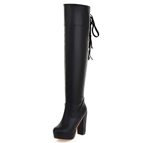 MJIASIAWA Damen Runde Zehen Chunky Heel Plateau Overknees Boots Runde Zehen Abend Warm Kleid Overknees Stiefel Ohne Verschluss Schwarz Gr 44 EU/46 Asiatisch von MJIASIAWA