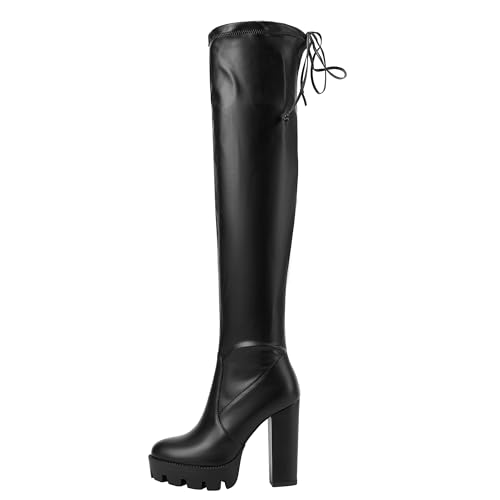 MJIASIAWA Damen Runde Zehen Chunky Stiefel Mode Overknee Stiefel Ohne Verschluss Winter Elegant Party Long Booty Plateau Schwarz Gr 36 EU von MJIASIAWA