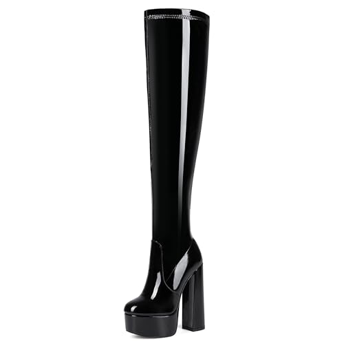 MJIASIAWA Damen Runde Zehen Chunky Stiefel Mode Overknee Stiefel Ohne Verschluss Winter Elegant Party Long Booty Plateau Schwarz Gr 36 EU von MJIASIAWA