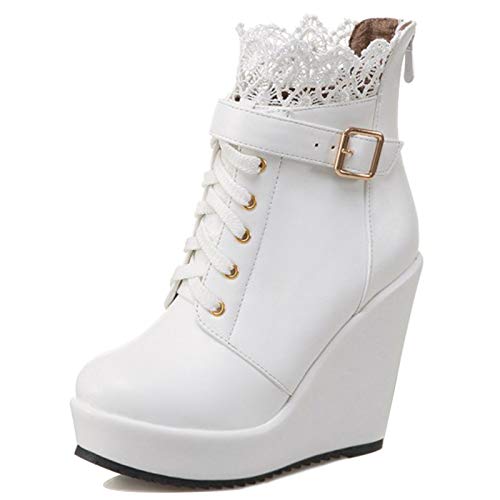 MJIASIAWA Damen Runde Zehen Hochzeit Elegant Keilabsatz Plateau Stiefeletten Schnüren Winter Mode Höhe Ferse Kleid Biker Reißverschluss Stiefeletten Weiß Gr 37 EU/38 Asiatisch von MJIASIAWA