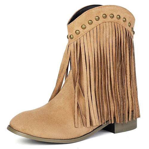 MJIASIAWA Damen Runde Zehen Klassische Franse Chelsea Stiefel Komfort Winter Draußen Blockabsatz Ohne Verschluss Riding Stiefeletten Beige Gr 44 EU/46 Asiatisch von MJIASIAWA