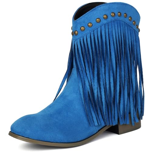 MJIASIAWA Damen Runde Zehen Klassische Franse Chelsea Stiefel Komfort Winter Draußen Blockabsatz Ohne Verschluss Riding Stiefeletten Blau Gr 46 EU/48 Asiatisch von MJIASIAWA