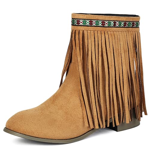 MJIASIAWA Damen Runde Zehen Klassische Franse Chelsea Stiefel Komfort Winter Draußen Blockabsatz Ohne Verschluss Riding Stiefeletten Braun Gr 36 EU von MJIASIAWA