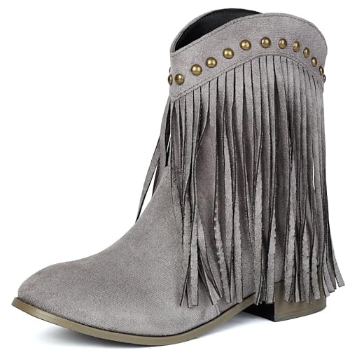 MJIASIAWA Damen Runde Zehen Klassische Franse Chelsea Stiefel Komfort Winter Draußen Blockabsatz Ohne Verschluss Riding Stiefeletten Grau Gr 46 EU/48 Asiatisch von MJIASIAWA