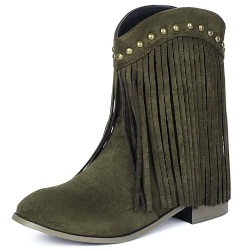 MJIASIAWA Damen Runde Zehen Klassische Franse Chelsea Stiefel Komfort Winter Draußen Blockabsatz Ohne Verschluss Riding Stiefeletten Grün Gr 37 EU/38 Asiatisch von MJIASIAWA