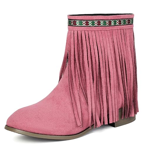 MJIASIAWA Damen Runde Zehen Klassische Franse Chelsea Stiefel Komfort Winter Draußen Blockabsatz Ohne Verschluss Riding Stiefeletten Pink Gr 42 EU/44 Asiatisch von MJIASIAWA