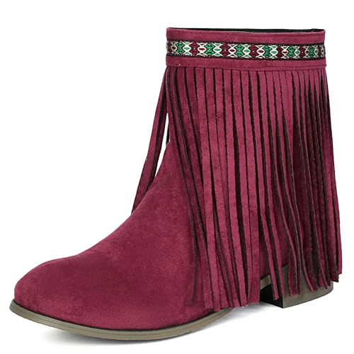 MJIASIAWA Damen Runde Zehen Klassische Franse Chelsea Stiefel Komfort Winter Draußen Blockabsatz Ohne Verschluss Riding Stiefeletten Rotwein Gr 39 EU/40 Asiatisch von MJIASIAWA