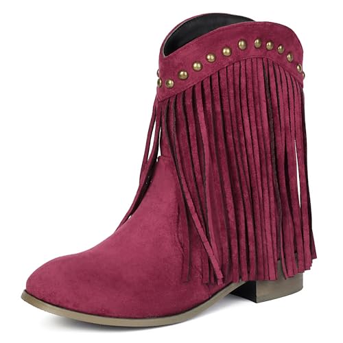 MJIASIAWA Damen Runde Zehen Klassische Franse Chelsea Stiefel Komfort Winter Draußen Blockabsatz Ohne Verschluss Riding Stiefeletten Rotwein Gr 39 EU/40 Asiatisch von MJIASIAWA