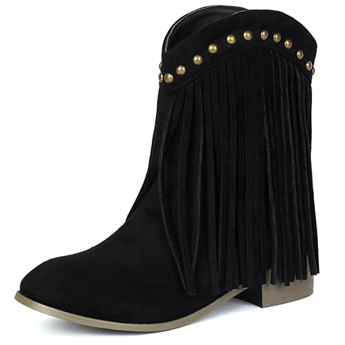 MJIASIAWA Damen Runde Zehen Klassische Franse Chelsea Stiefel Komfort Winter Draußen Blockabsatz Ohne Verschluss Riding Stiefeletten Schwarz Gr 37 EU/38 Asiatisch von MJIASIAWA